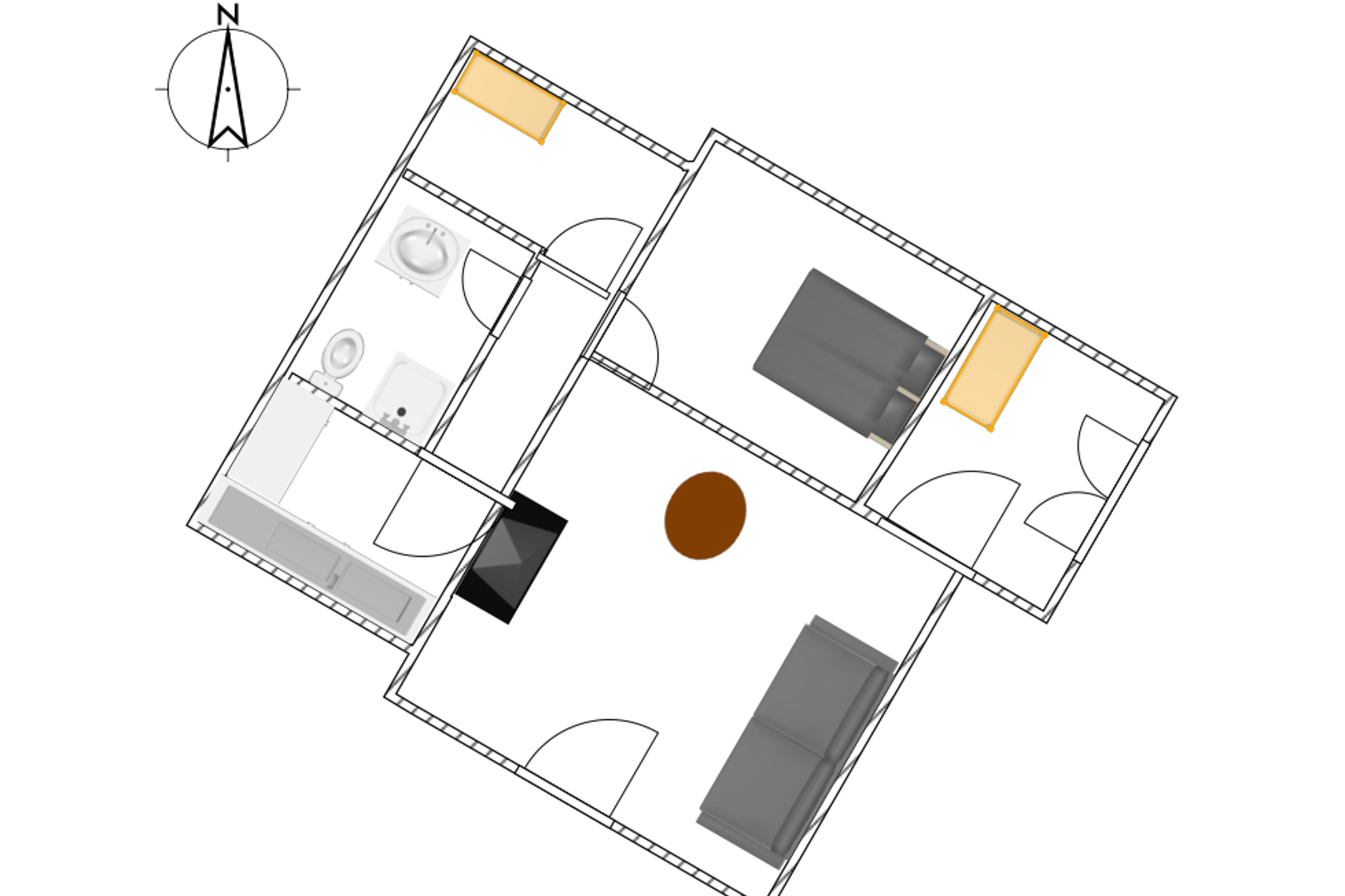 Detaillierter Grundriss der eingeschossigen Villa mit Wohn-Essbereich, separater Küche, Badezimmer und drei Schlafzimmern zur Raumplanung.