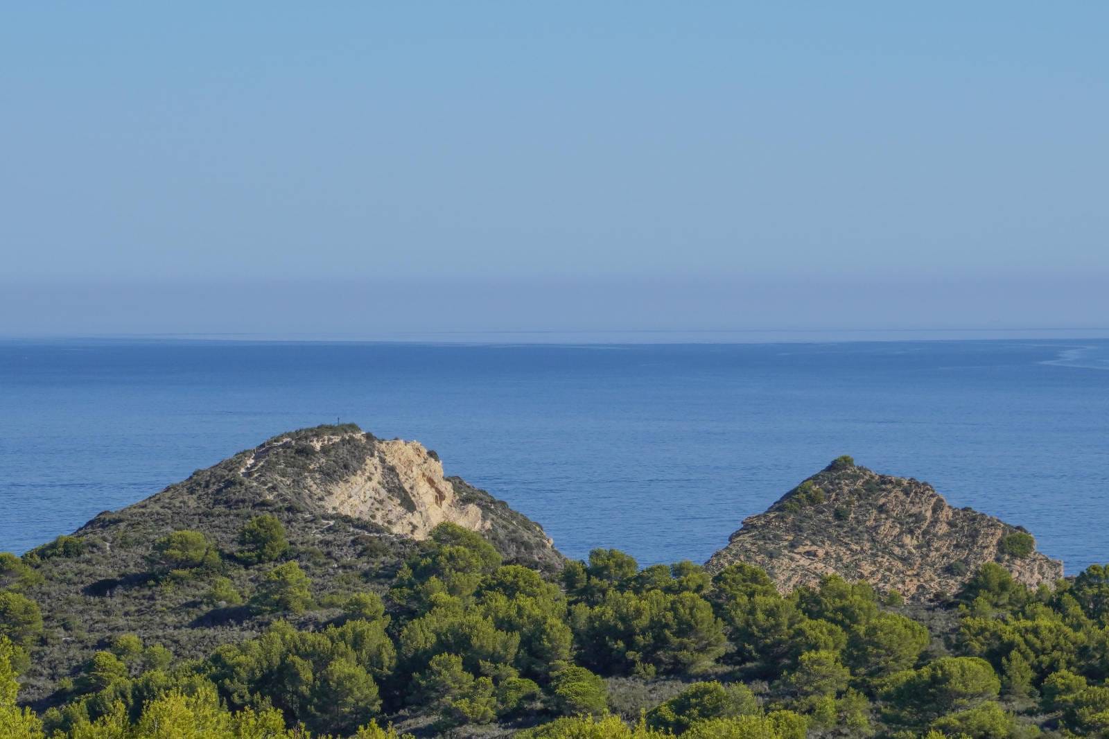 Panoramablick auf das Mittelmeer mit felsigen Küstenhügeln und dichten Pinienwäldern unter einem strahlend blauen Himmel.