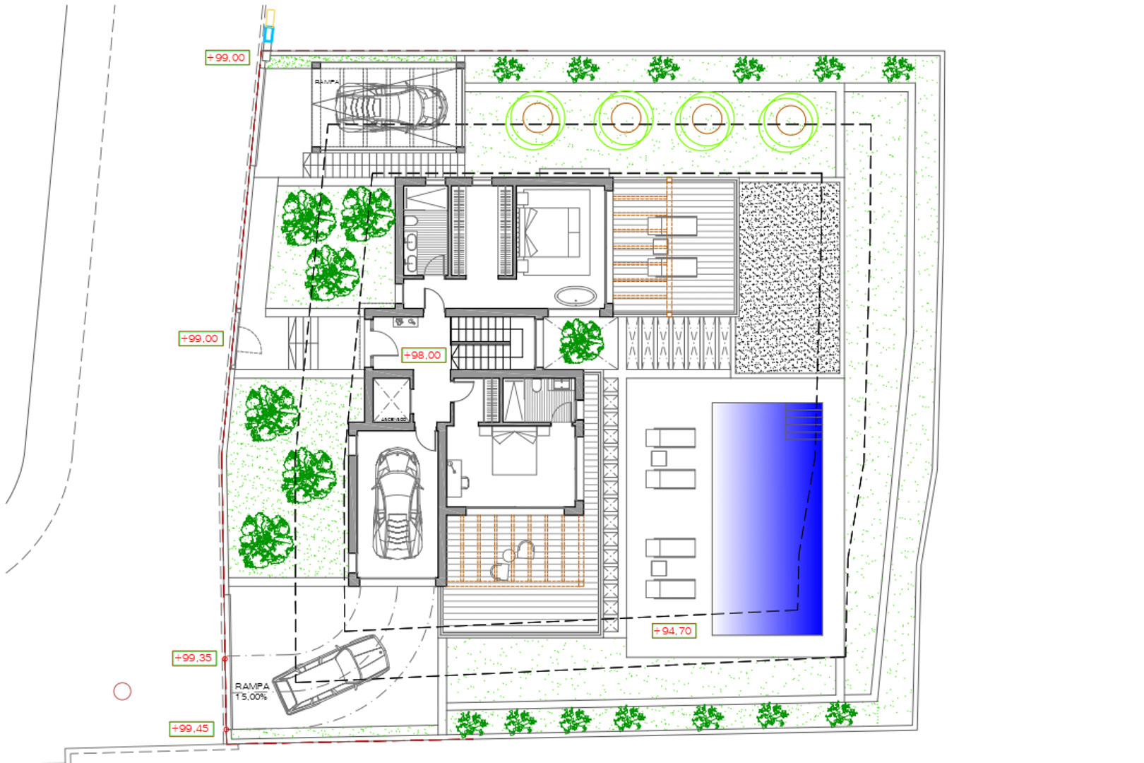 Architektonischer Plan einer Villa mit Pool, Gärten, Garage und Terrassen.