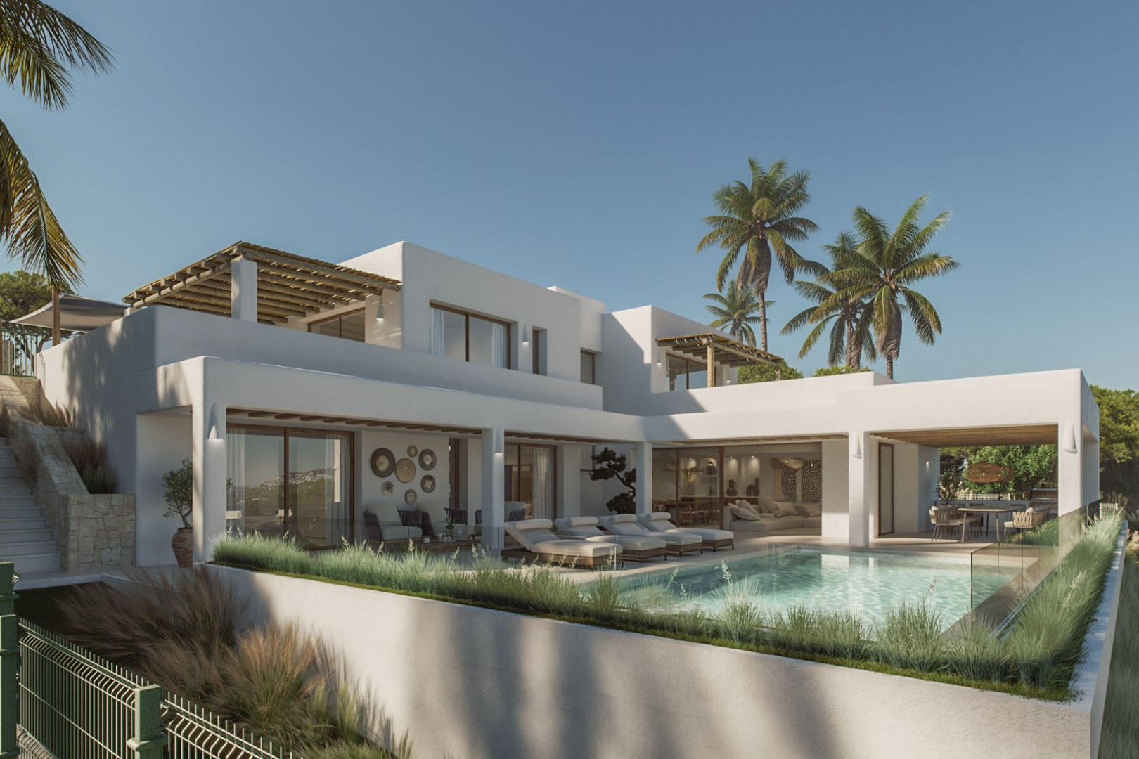 Außenansicht der Villa mit Pool, Terrassen und Gärten. Modernes, elegantes Design mit mediterranen Akzenten.