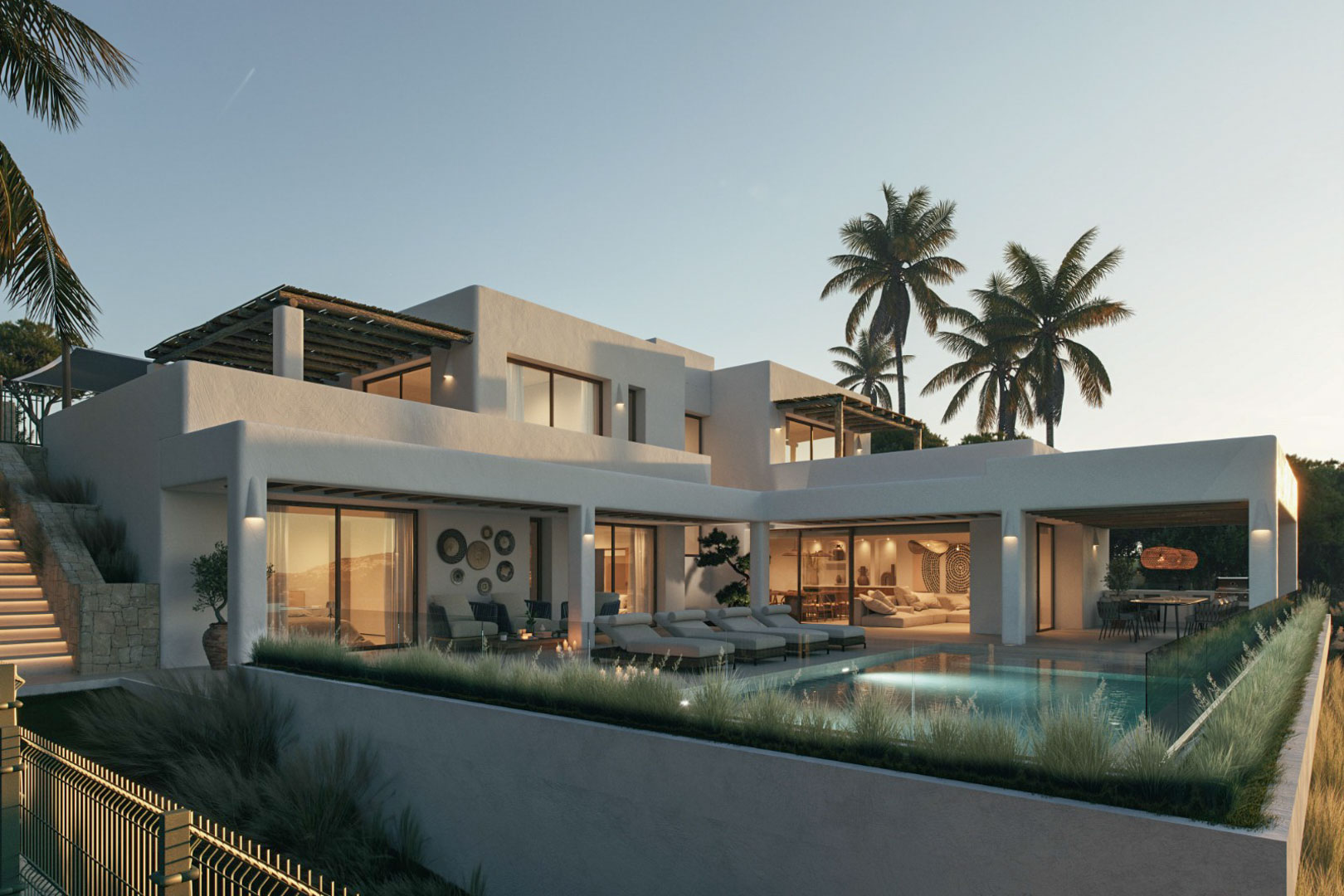 Außenansicht der Villa mit Pool, Terrassen und modernem architektonischem Design unter einem Dämmerungshimmel.