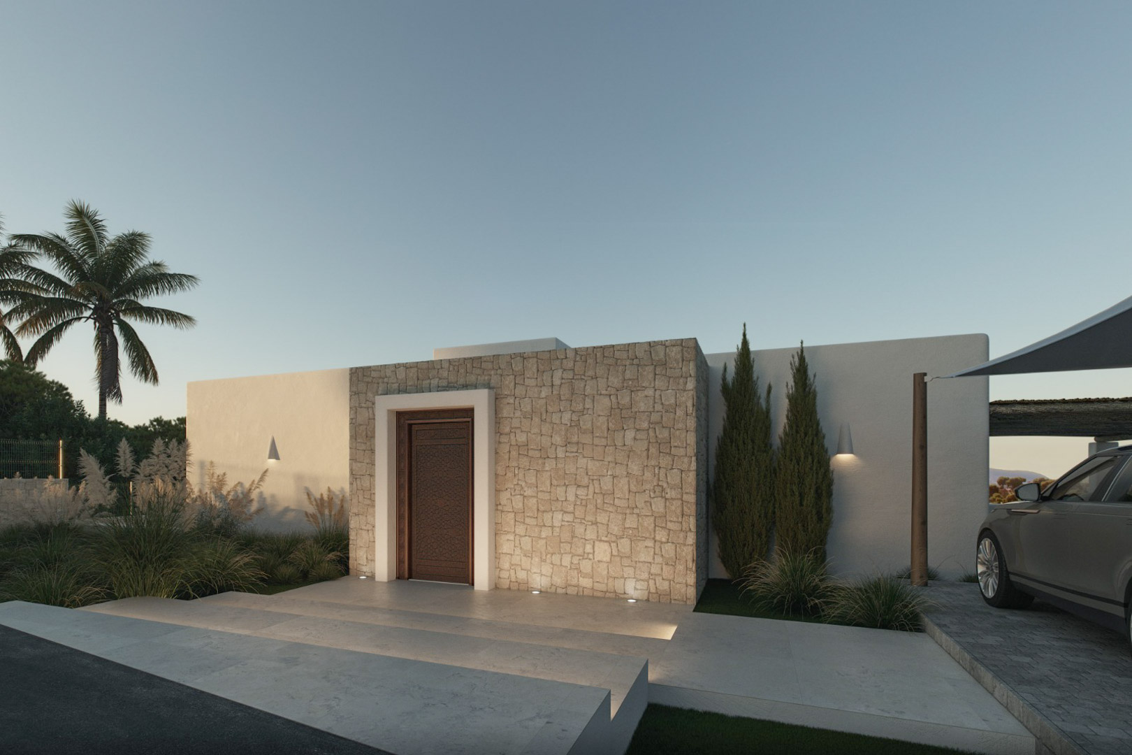 Moderne Fassade mit geschnitzter Holztür und Natursteinverkleidung. Dezente Außenbeleuchtung und minimalistische Landschaftsgestaltung.