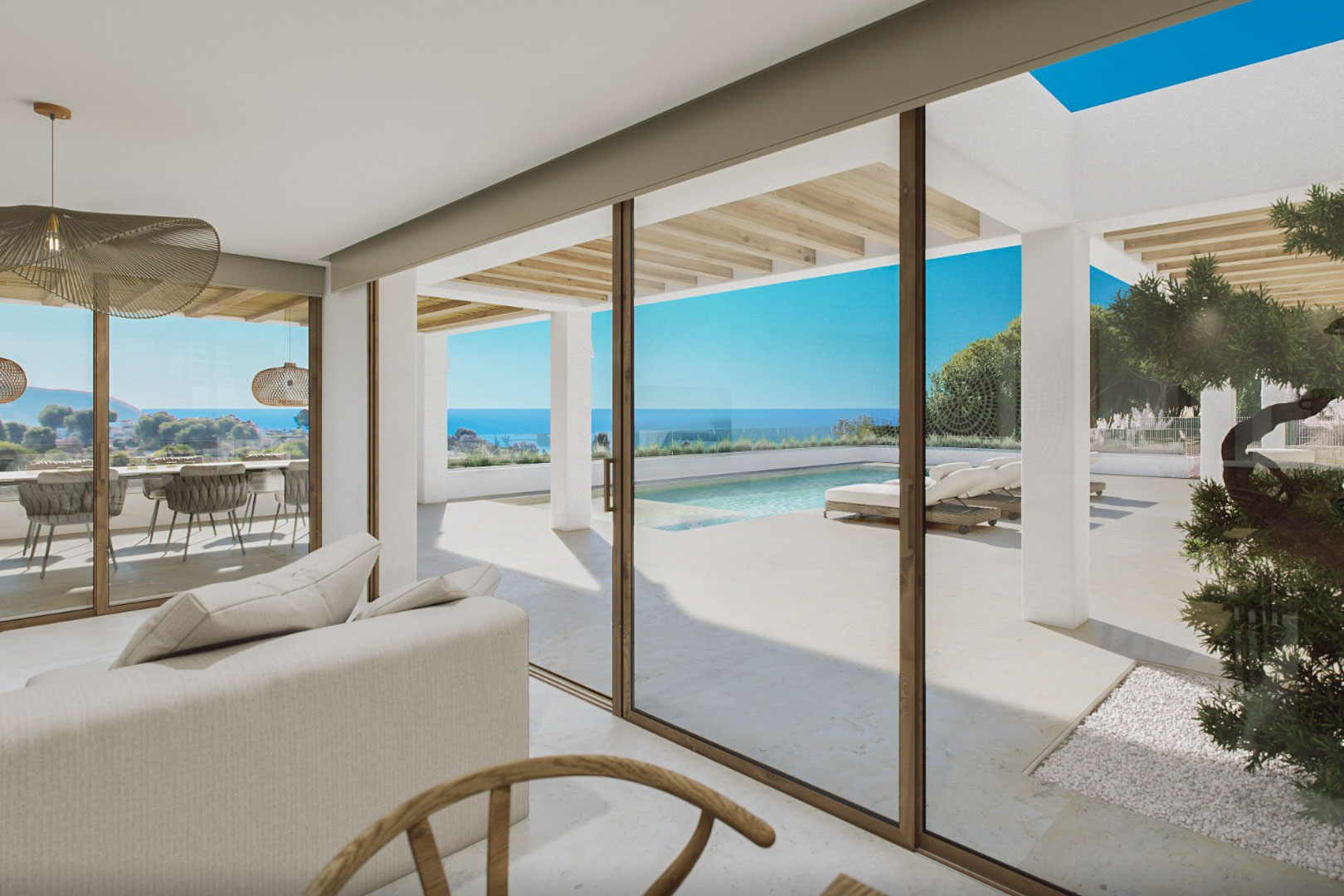Modernes Wohnzimmer mit Pool- und Meerblick, direkter Zugang zur Außenterrasse.