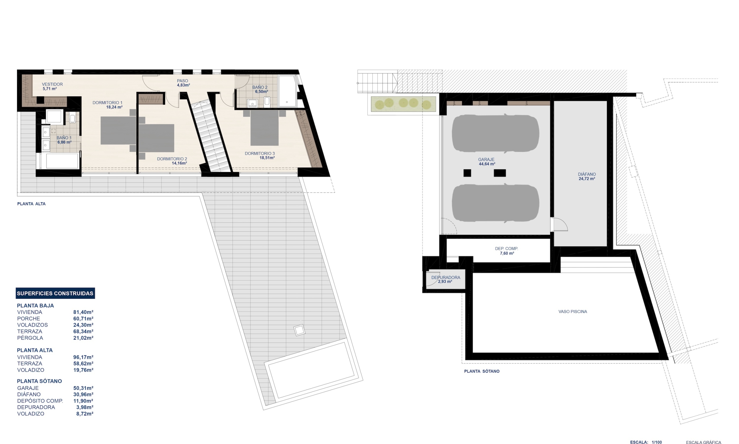 Detaillierte architektonische Grundrisse des Obergeschosses und Kellers mit der Aufteilung der drei Schlafzimmer, der Doppelgarage und der Technikräume.