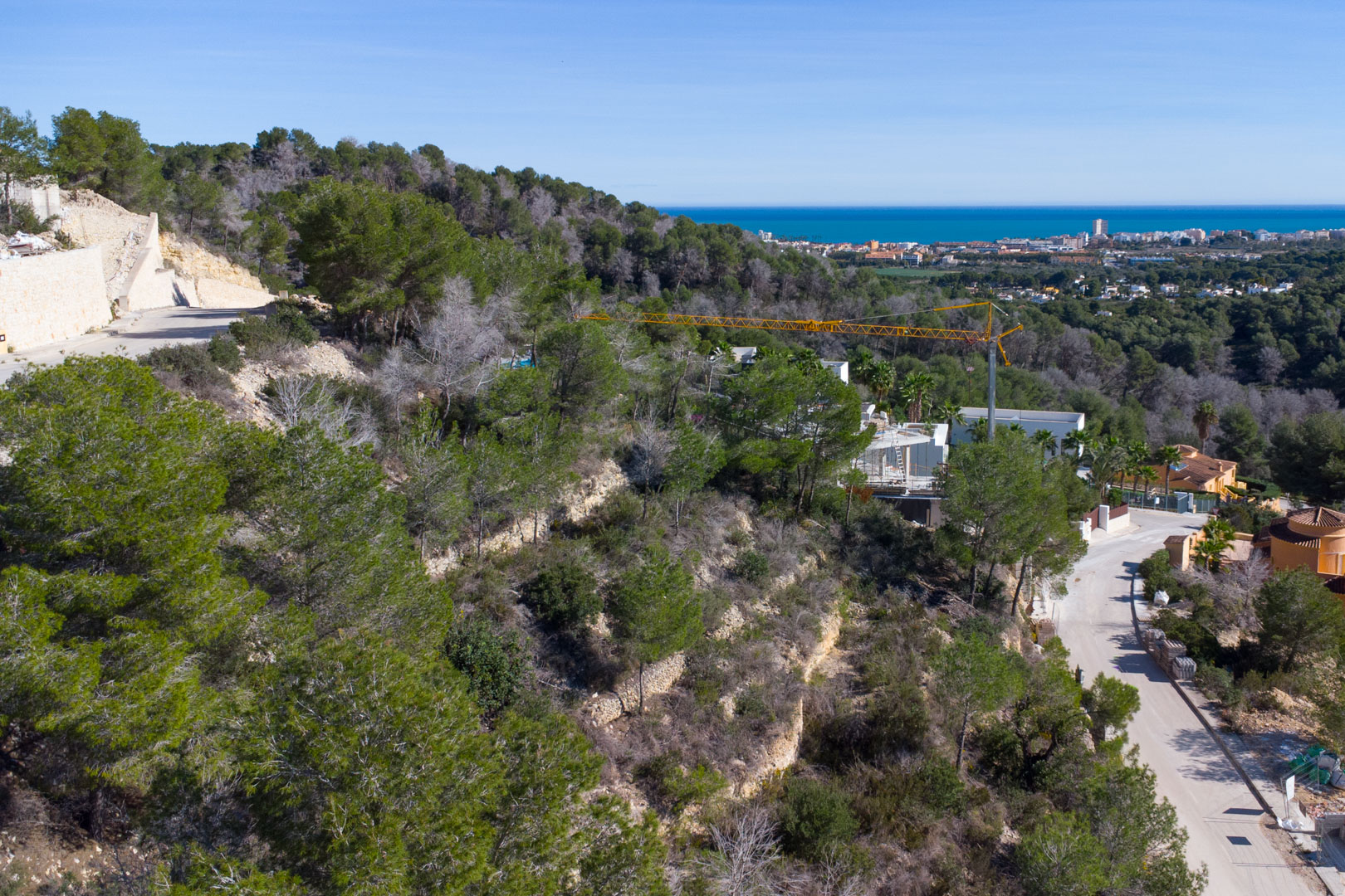 Erhöhte Aussicht auf ein Hanggrundstück mit mediterranen Pinien, Steinmauern und Panoramablick auf das Meer und das Stadtzentrum von Jávea.