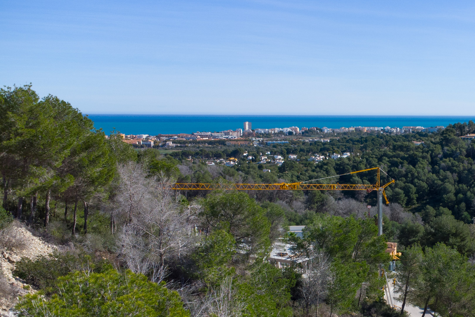 Erhöhter Panoramablick auf das Mittelmeer und die Küste von Jávea, umgeben von Pinienbäumen und einer klaren Horizontlinie.