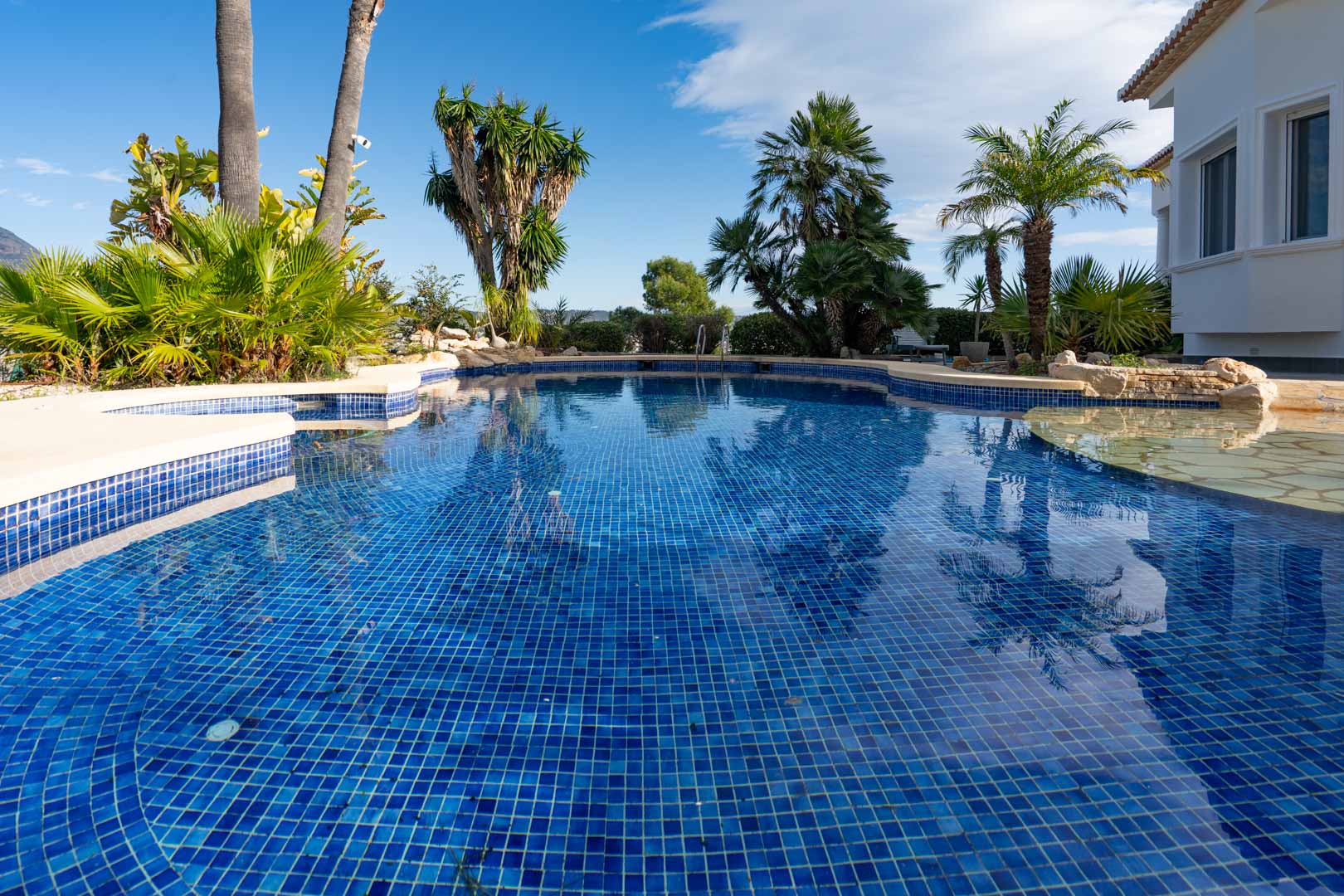 Blau gefliester Swimmingpool in unregelmäßigem Design, umgeben von einem tropischen Garten mit Palmen und mediterraner Bepflanzung.