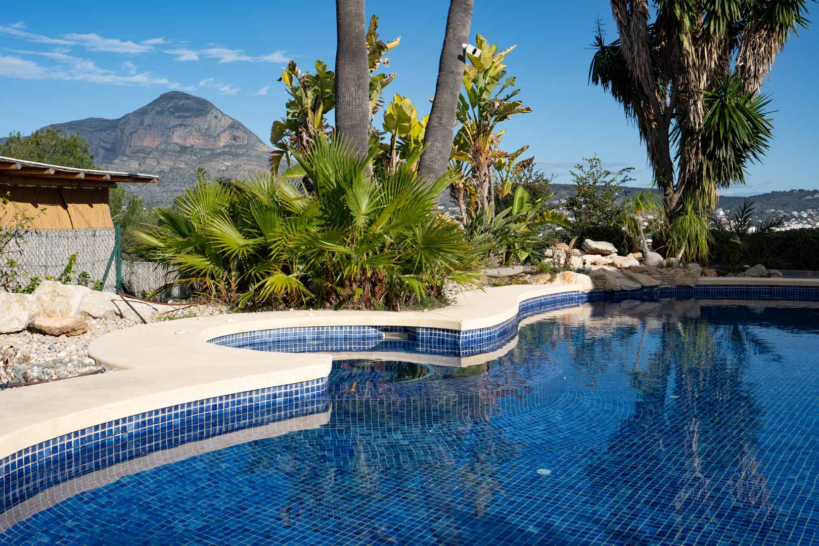 Geschwungener Pool mit blauen Mosaikfliesen und integriertem Jacuzzi, eingebettet in einen tropischen Garten mit direktem Blick auf den Montgó.