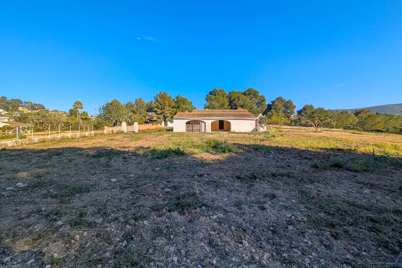 Außenansicht der traditionellen Finca mit Rundbogen-Veranda und Ziegeldach auf einem weitläufigen, flachen Naturgrundstück mit Pinienbestand.