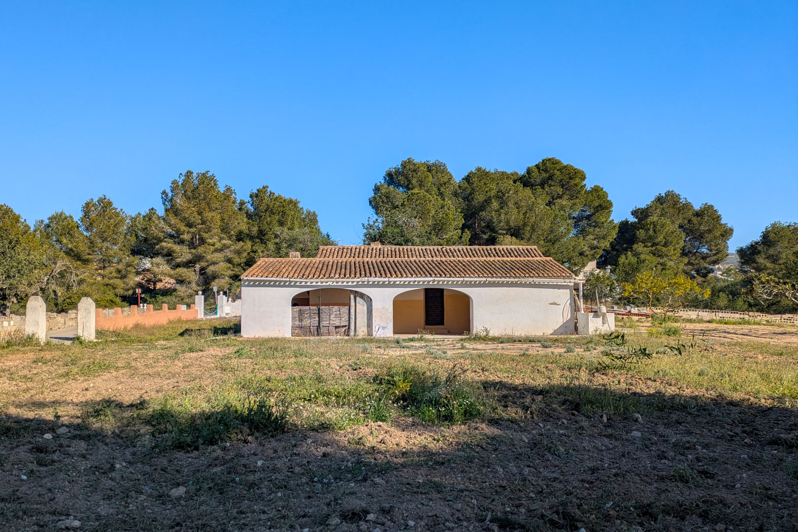 Außenansicht der traditionellen Finca mit weißer Fassade, Rundbogen-Veranda und Ziegeldach auf einem rustikalen Grundstück, umgeben von Pinien.