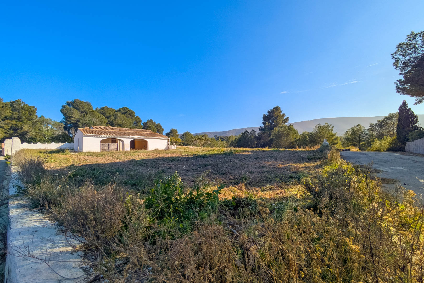 Außenansicht der traditionellen, weiß getünchten Finca mit Rundbögen auf einem großen rustikalen Grundstück, umgeben von Pinien und Blick auf die Berge.