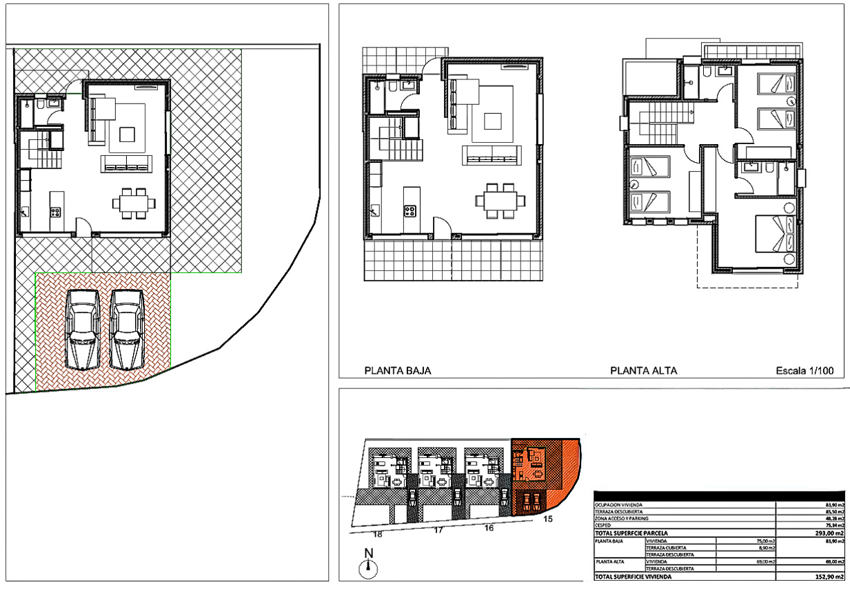 Detaillierte Architekturpläne mit Darstellung der zweistöckigen Raumaufteilung, Doppelparkplatz und einer Gesamtwohnfläche von 152,90 m².