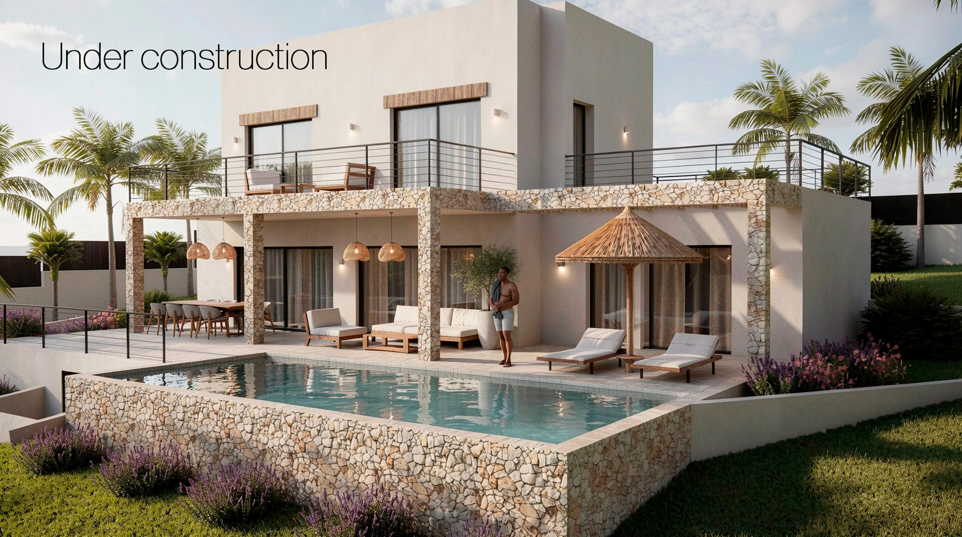 Außenansicht der modernen Villa mit privatem Pool, Natursteinmauern, großzügigen überdachten Terrassen und zeitgenössischer weißer Architektur.
