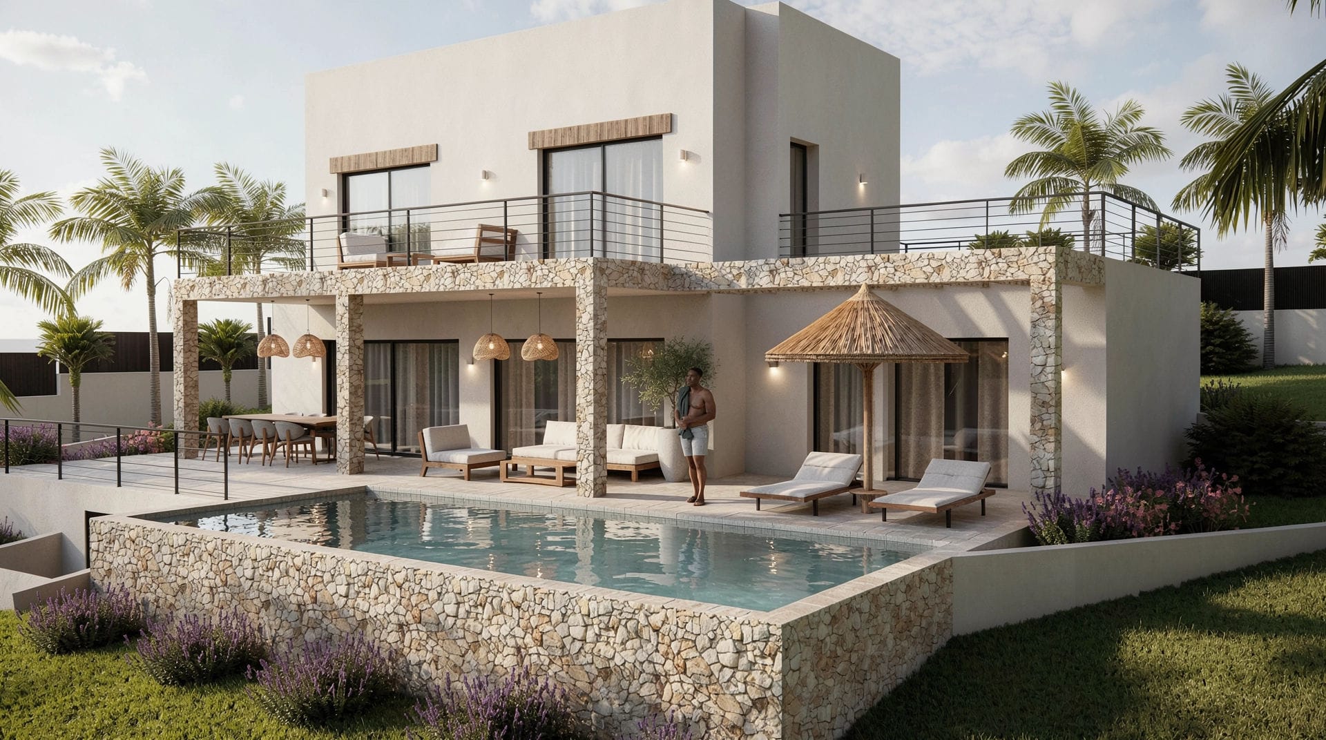 Außenansicht der Villa mit Natursteinpool und großzügigen Terrassen. Die weiße Fassade wird durch Holzakzente und minimalistische Metallgeländer ergänzt.