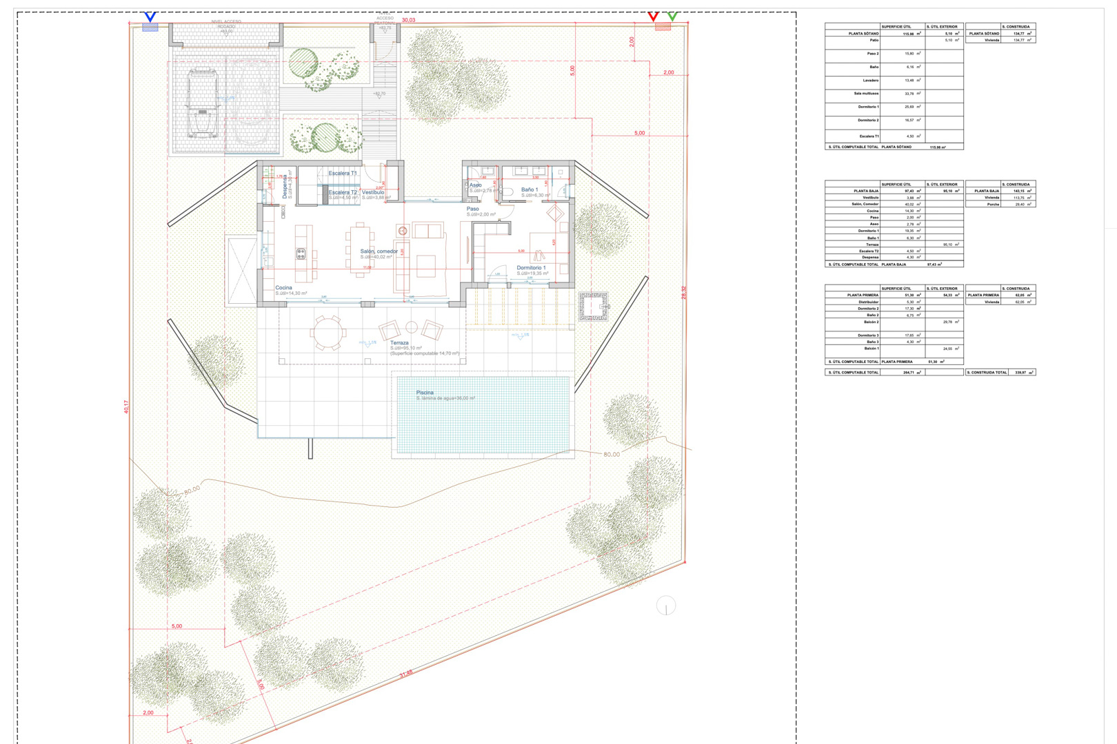 Technischer Grundriss des Erdgeschosses und des Grundstücks mit Darstellung von Wohnzimmer, Küche, 95 m² Terrasse, Pool und detaillierten Flächentabellen.