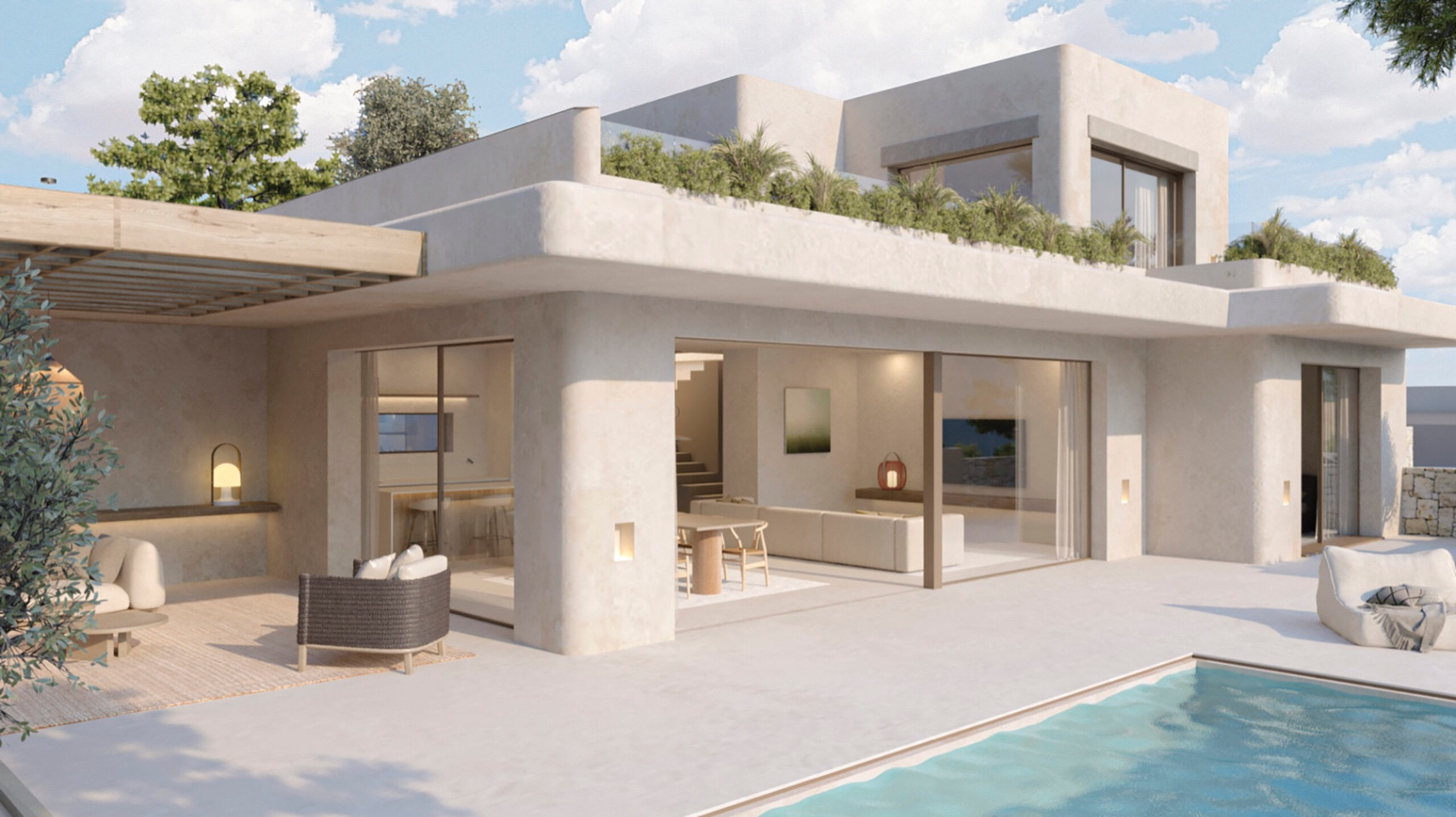 Außenansicht einer modernen Villa mit privatem Pool. Die Terrasse verfügt über eine Holzpergola, eine Außenterrasse und große Fenster zum offenen Wohnbereich.