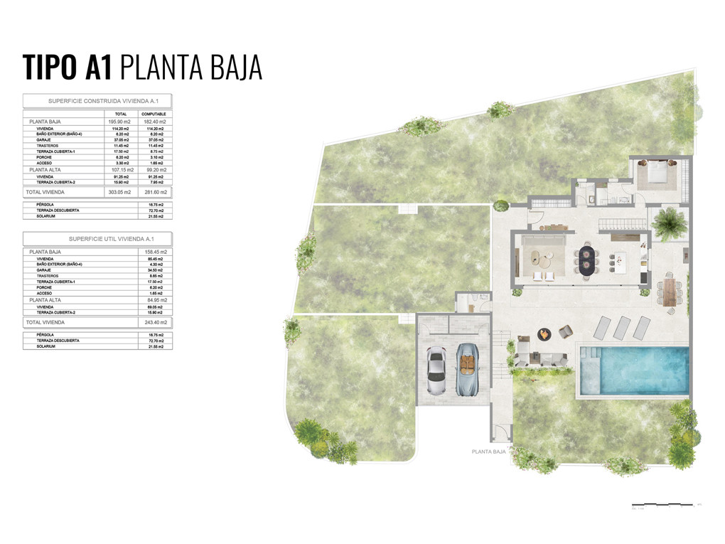Detaillierter Grundriss der Villa A1, mit offenem Wohn-, Ess- und Küchenbereich, einem Schlafzimmer mit Bad, Doppelgarage und Außenterrasse mit privatem Pool.
