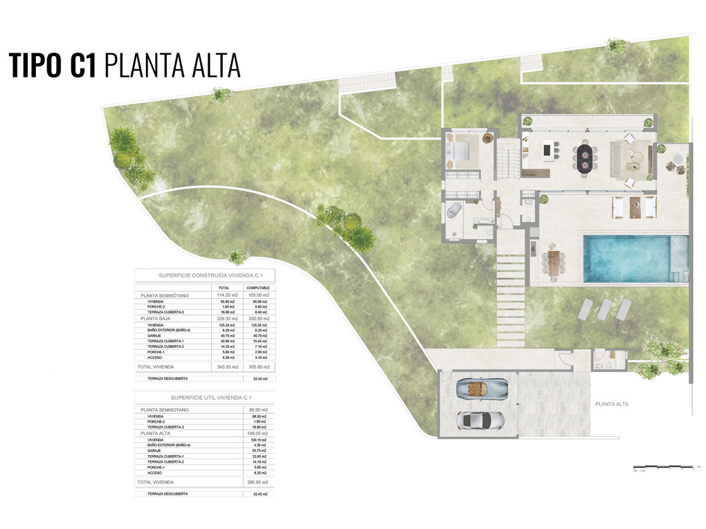 Detaillierter Obergeschossplan (Typ C1) mit offener Wohnfläche, zwei Schlafzimmern, zwei Bädern, einer privaten Poolterrasse und einer Doppelgarage.