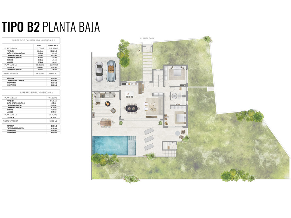 Grundriss (Typ B2) der Villa, mit offenem Wohn-, Ess- und Küchenbereich. Zeigt einen privaten Pool, Terrasse, Garten und eine Doppelgarage auf dieser Ebene.