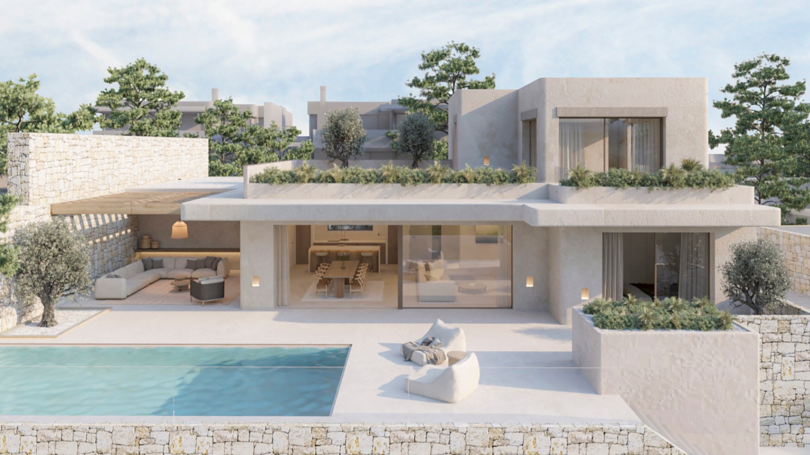 Moderne Villa mit Pool, weitläufiger Terrasse und überdachtem Außenwohnbereich mit Steinmauern, der sich zum hellen, offenen Innenbereich hin öffnet.