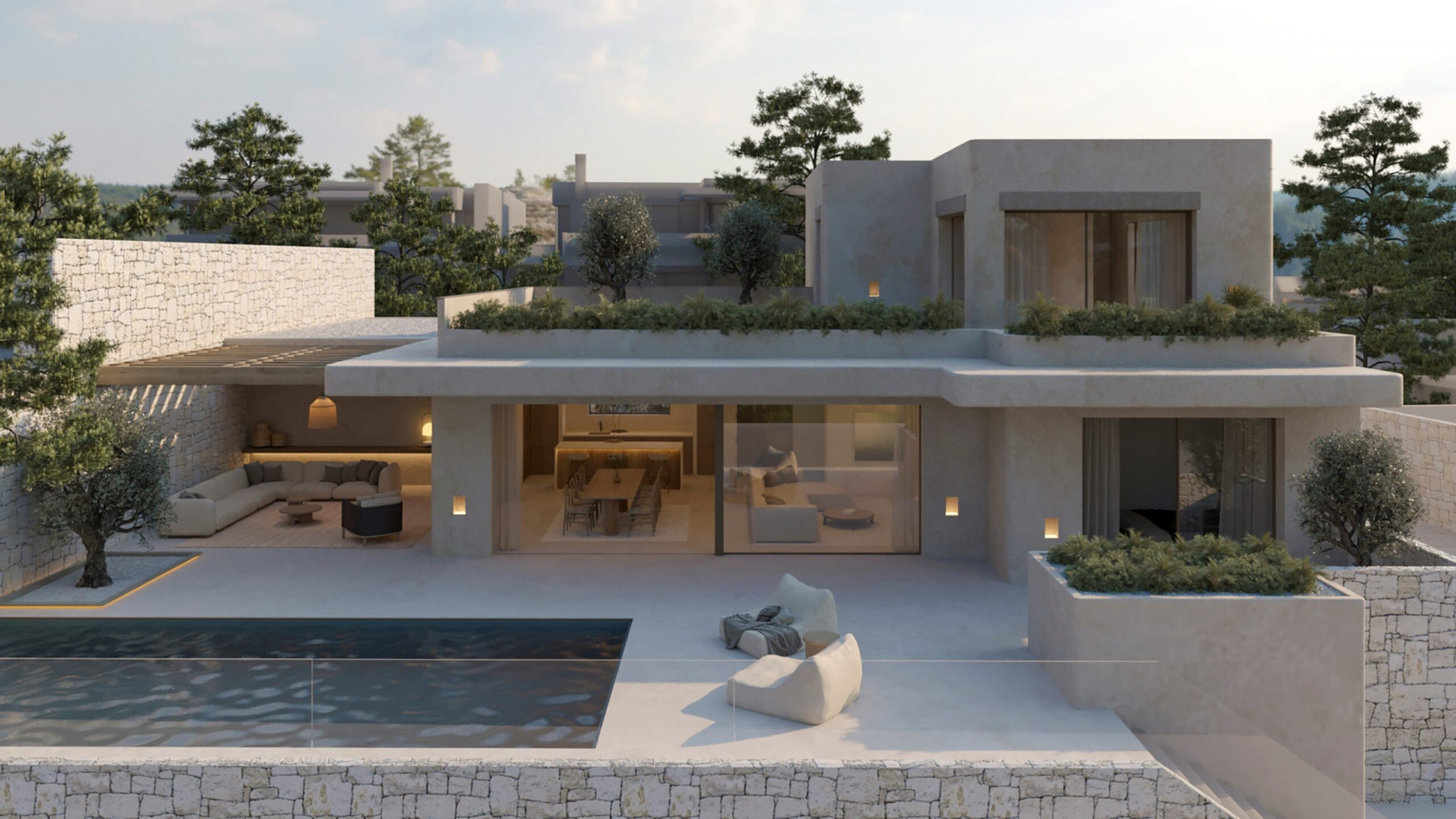 Moderne Villa mit privatem Pool, großer Terrasse und überdachtem Loungebereich im Freien. Große Glasschiebetüren verbinden die Innenbereiche nahtlos mit der ruhigen Außenanlage.