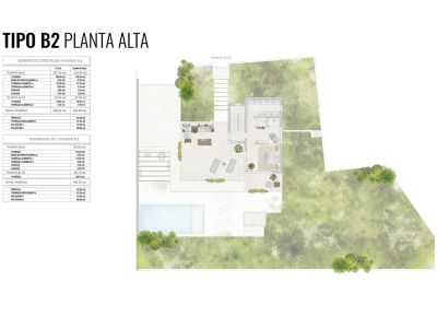 Architektonischer Grundriss der oberen Etage Typ B2, detailliert die Anordnung von Schlafzimmer, Bad, Treppe und großzügigen Terrassen mit Pool- und Gartenzugang.