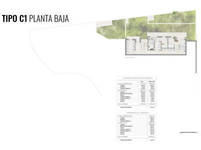 Detaillierter Grundriss des Erdgeschosses (Typ C1), der die Raumaufteilung, Treppen und angrenzende Grünflächen zeigt. Enthält Tabellen mit bebauten und nutzbaren Flächen.