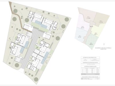 Masterplan, der die Anordnung mehrerer Villen, Einzelgrundstücke, Gemeinschaftsbereiche und deren jeweilige Grundrisse darstellt.