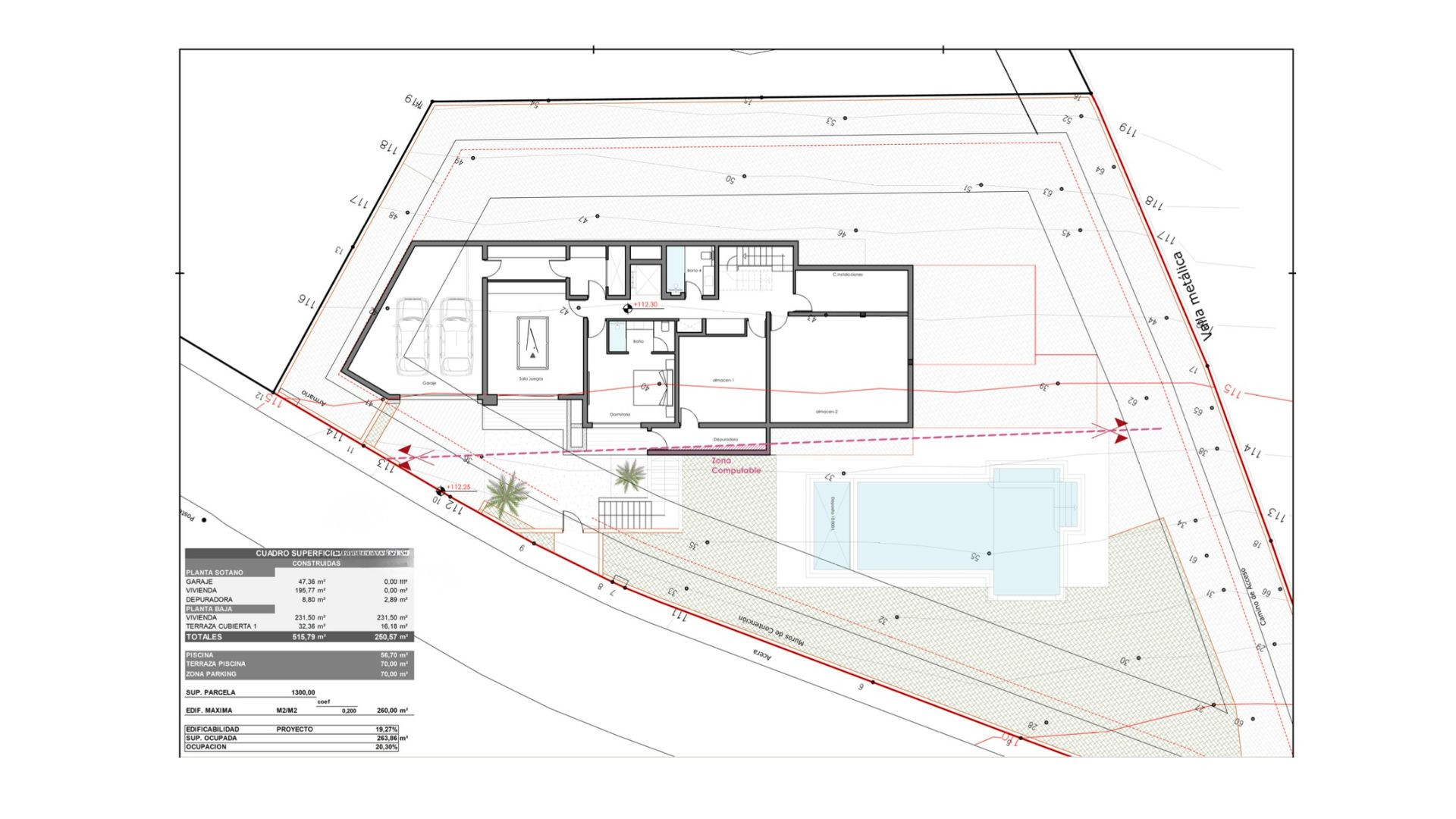 Architekturplan einer Villa mit Pool, der die Innenaufteilung, Garage und den Garten auf einem 1300 m² großen Grundstück zeigt.