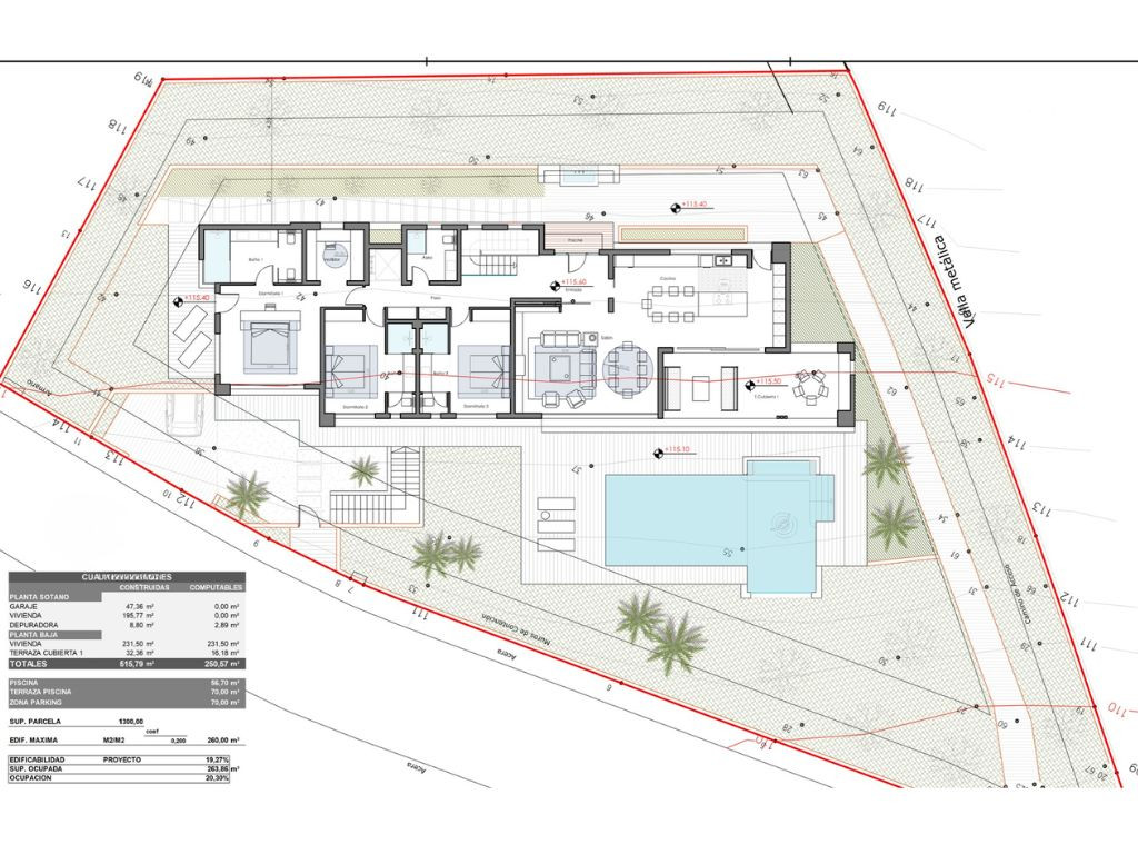 Detaillierter Architektenplan der Villa, der die interne und externe Aufteilung einschließlich Pool und Garten zeigt.