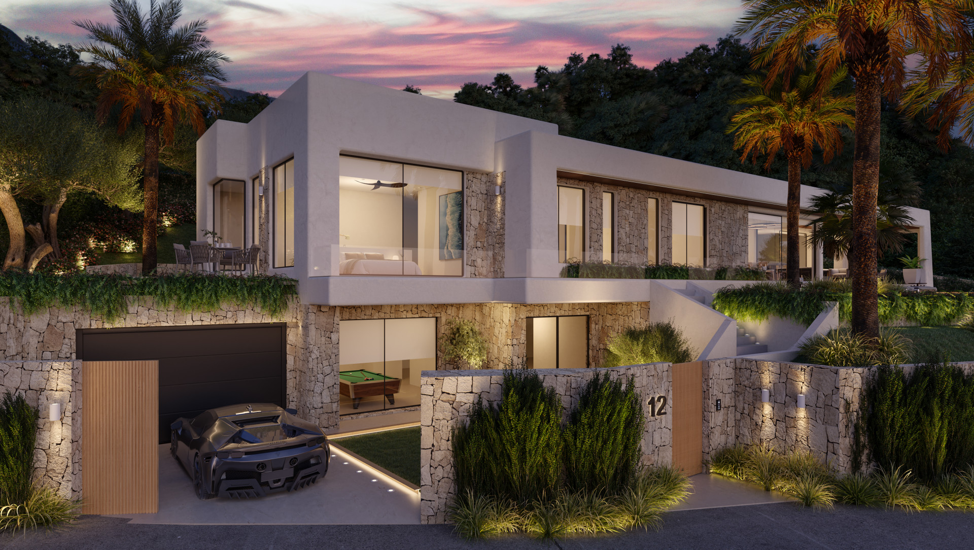 Moderne Villenfassade mit Garage, Pool und Meerblick bei Sonnenuntergang.
