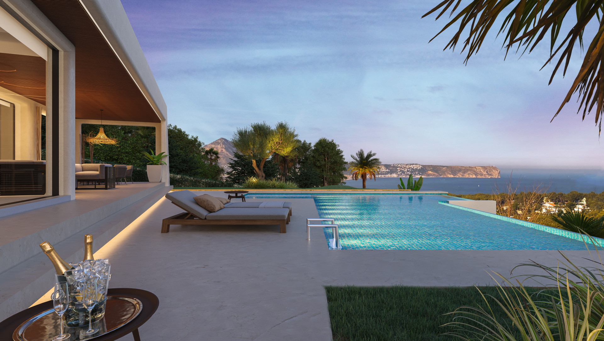 Terrasse mit Infinity-Pool und Panoramablick auf das Meer in Jávea. Sonnenterrasse mit Liegestühlen und überdachtem Sitzbereich.