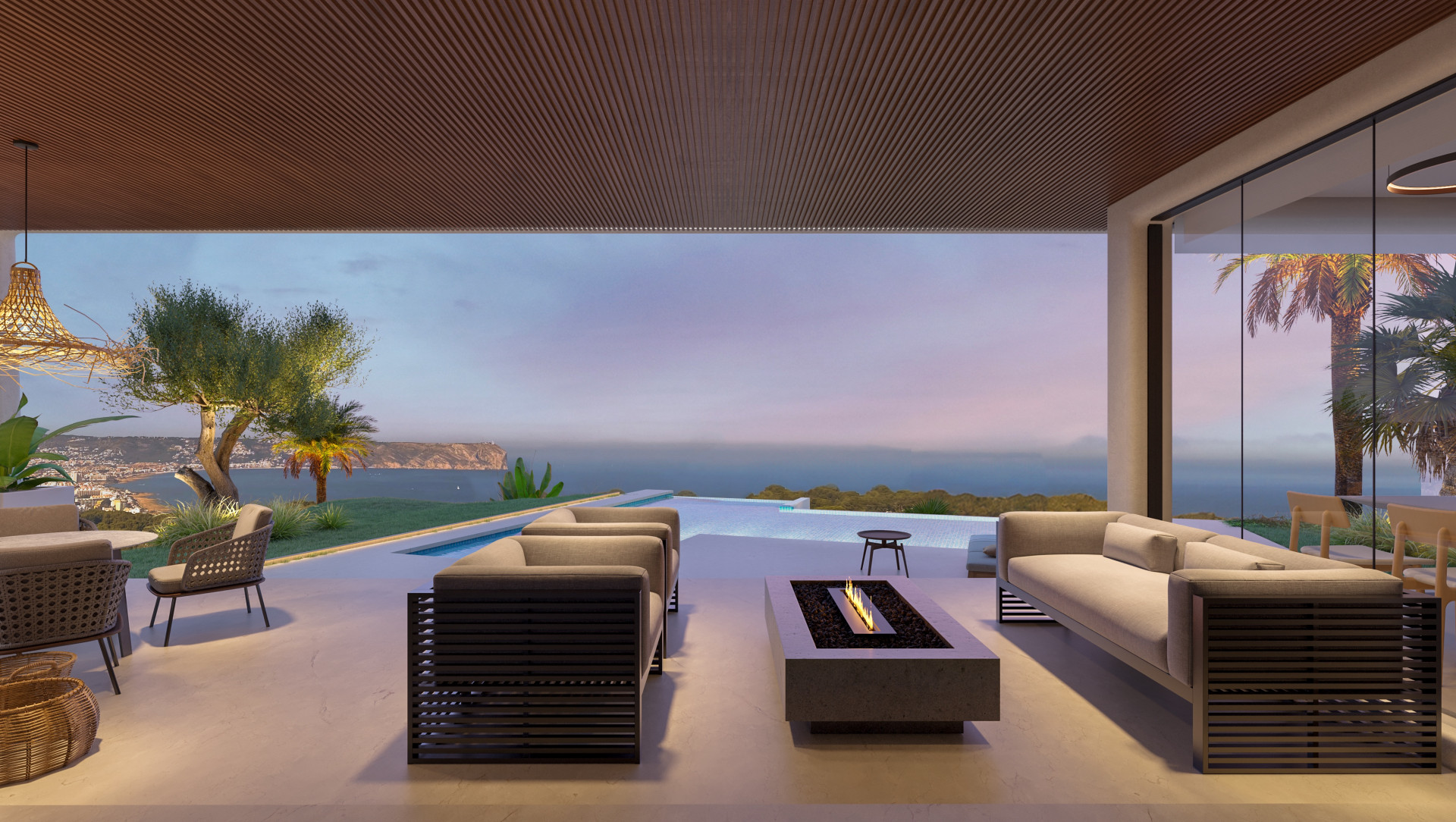 Terrasse mit Meerblick und Infinity-Pool, moderne Gartenmöbel und niedriger Kamin.