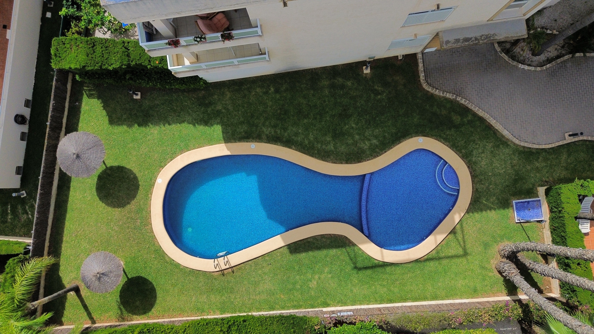 Luftaufnahme des organisch geformten Pools mit gepflegtem Rasen, Strohschirmen und üppigem Grün.