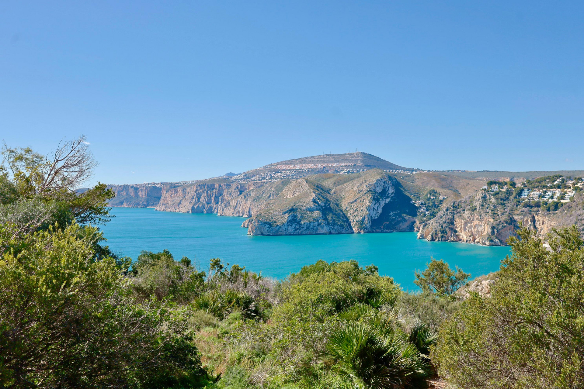 Panoramablick auf die felsige Küstenlinie und das Mittelmeer von der üppigen Vegetation Jáveas aus.