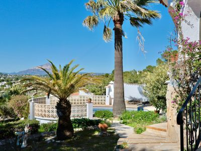 Gartenblick mit Pool und Palmen, der die mediterrane Vegetation und die Berglandschaft im Hintergrund hervorhebt.