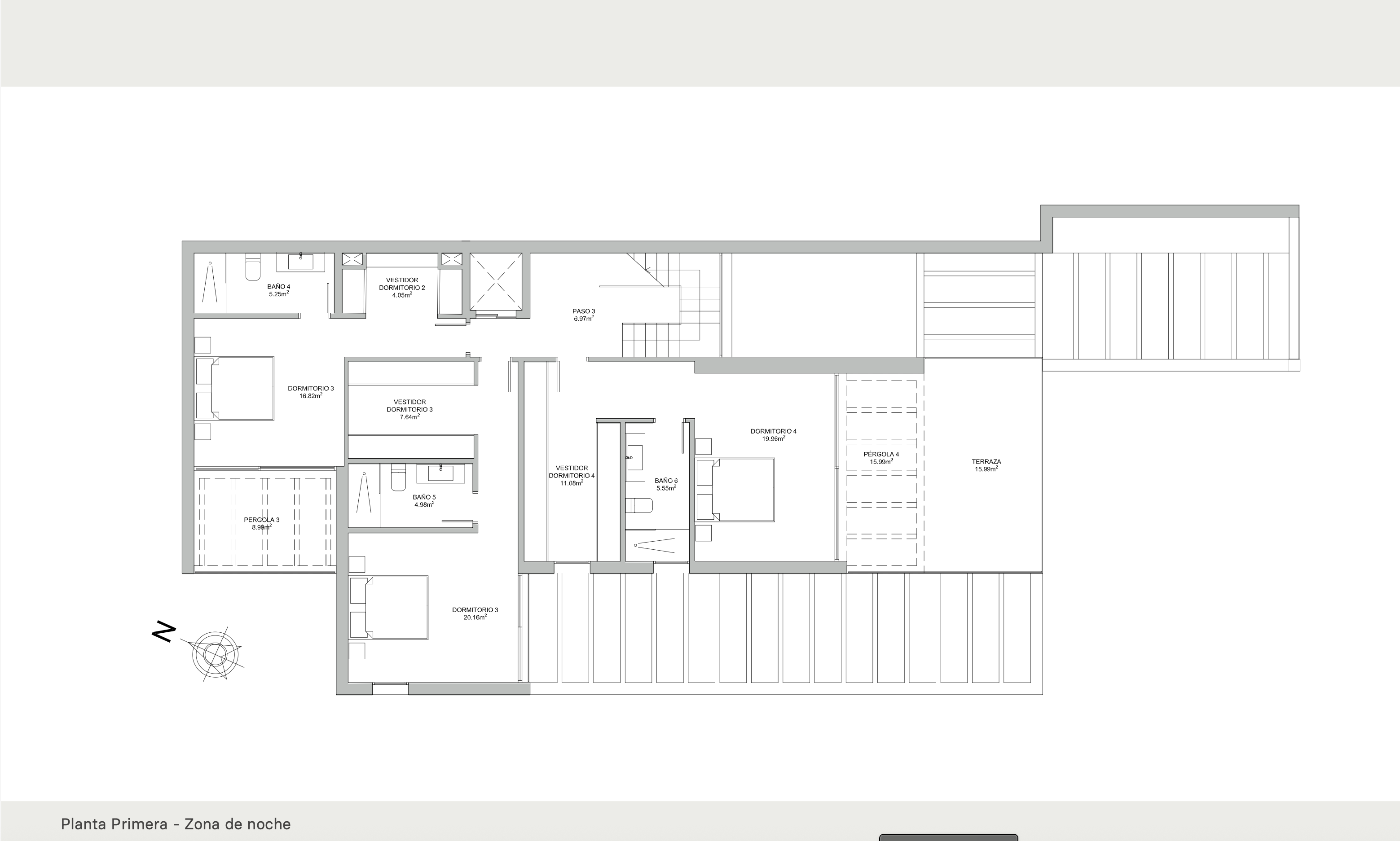 Detaillierter Grundriss des ersten Obergeschosses mit drei Schlafzimmern en suite, jeweils mit begehbarem Kleiderschrank und Zugang zu Terrassen.