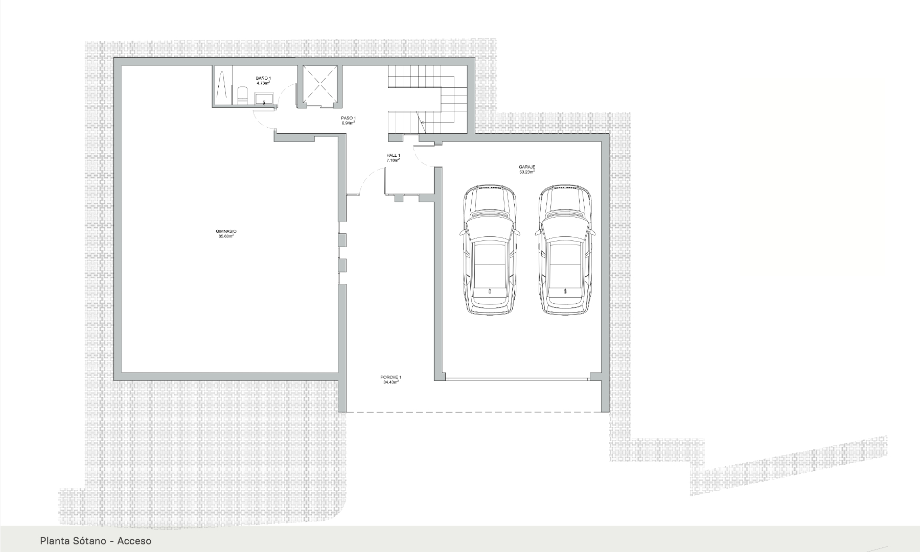 Grundriss des Untergeschosses mit einer Doppelgarage, einem 85 m² großen Fitnessraum, einem Badezimmer sowie Treppen- und Aufzugszugang.