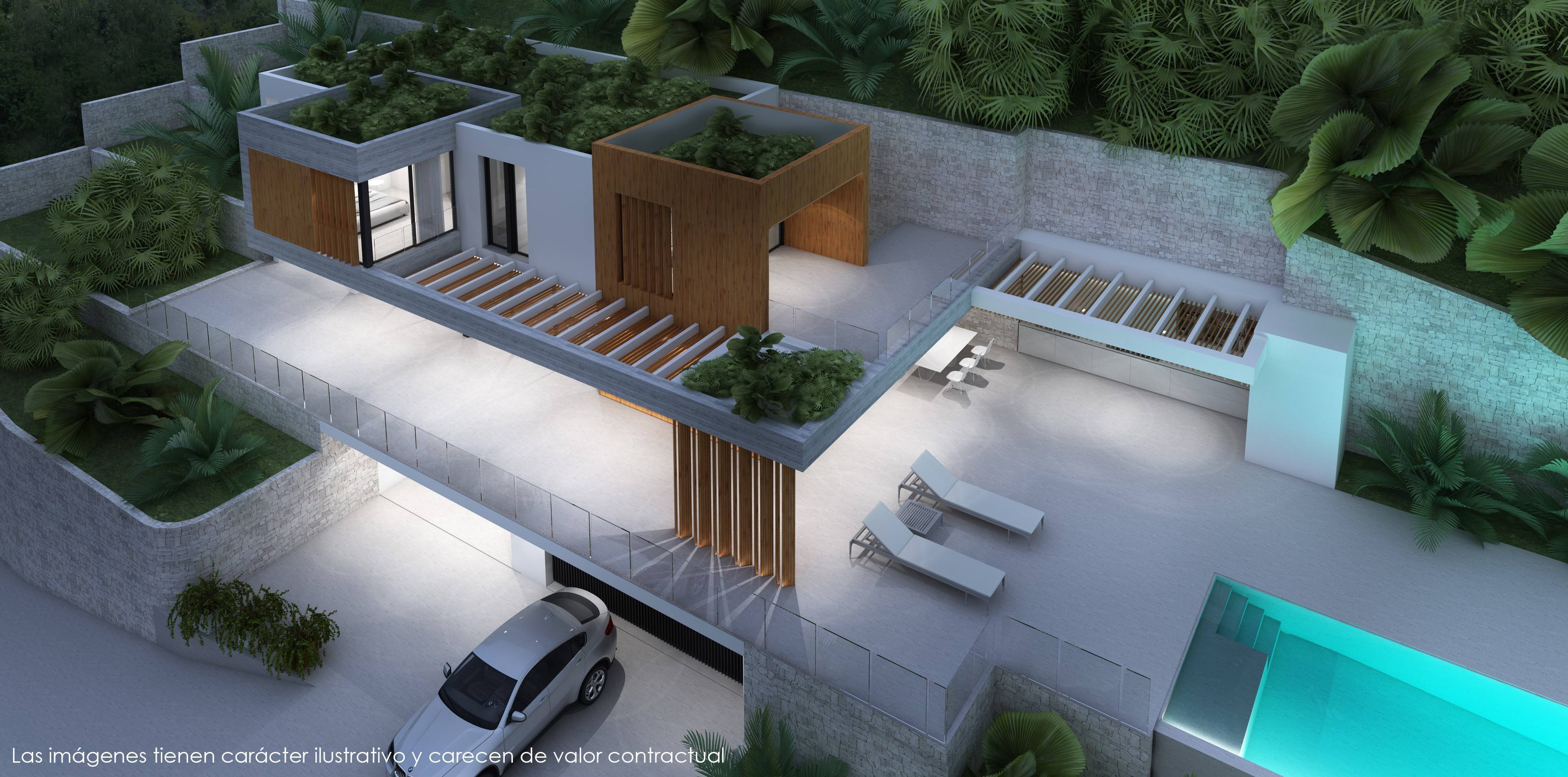 Luftaufnahme der mehrstöckigen Villa mit Gründächern, Holzlamellen, beleuchteten Terrassen und integrierter Garage im Untergeschoss.