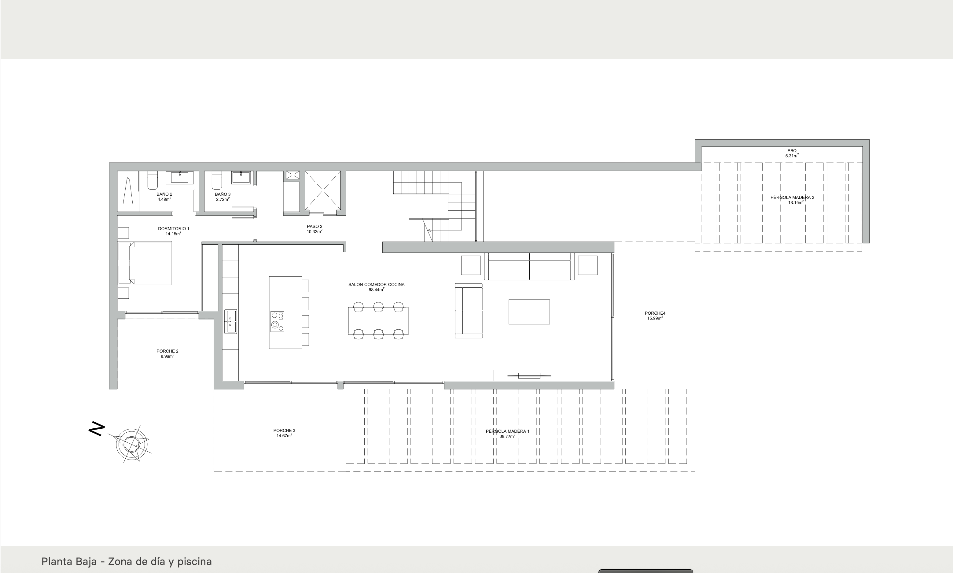 Technischer Grundriss des Erdgeschosses mit einem 68 m² großen offenen Wohnbereich, einem Schlafzimmer mit Bad en Suite, mehreren Veranden und Grillplatz.