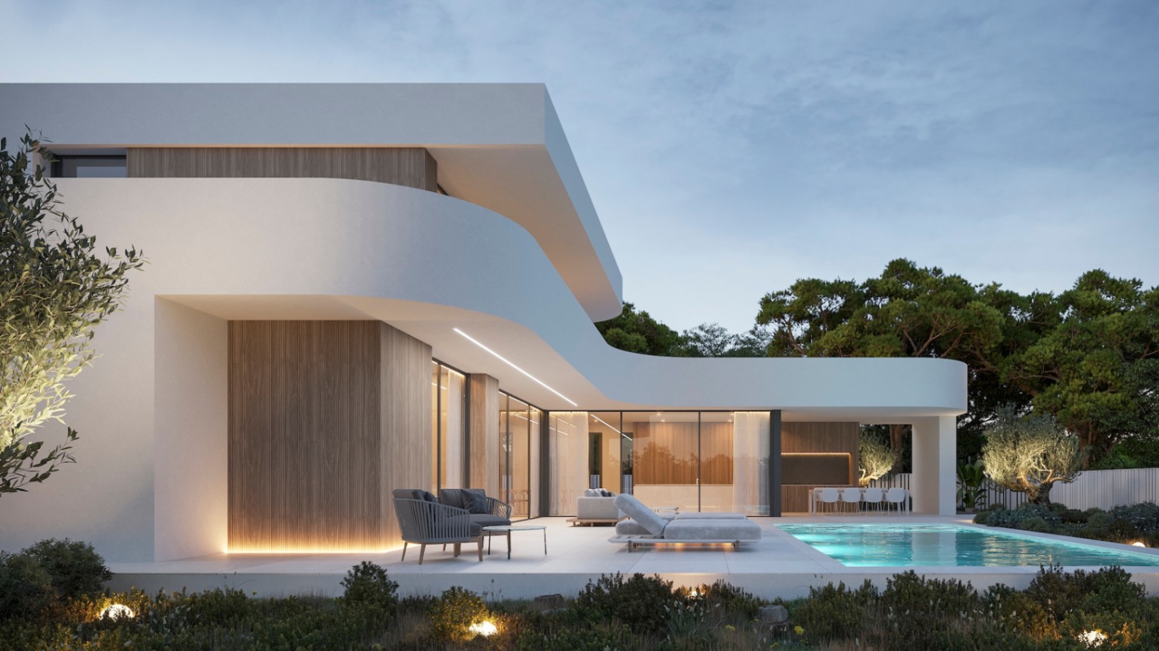 Außenansicht der modernen Villa mit beleuchtetem Pool, möblierter Terrasse und hellen Holzdetails.