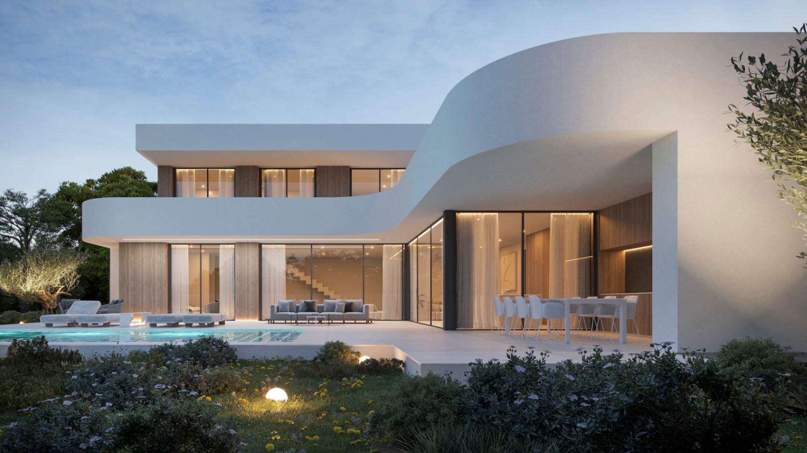 Außenansicht der modernen Villa mit Pool, Blumengarten und geschwungener weißer Fassade.