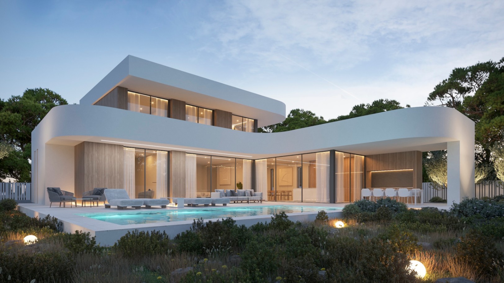 Außenansicht der modernen Villa mit Pool, großen Fenstern und heller Holzverkleidung.
