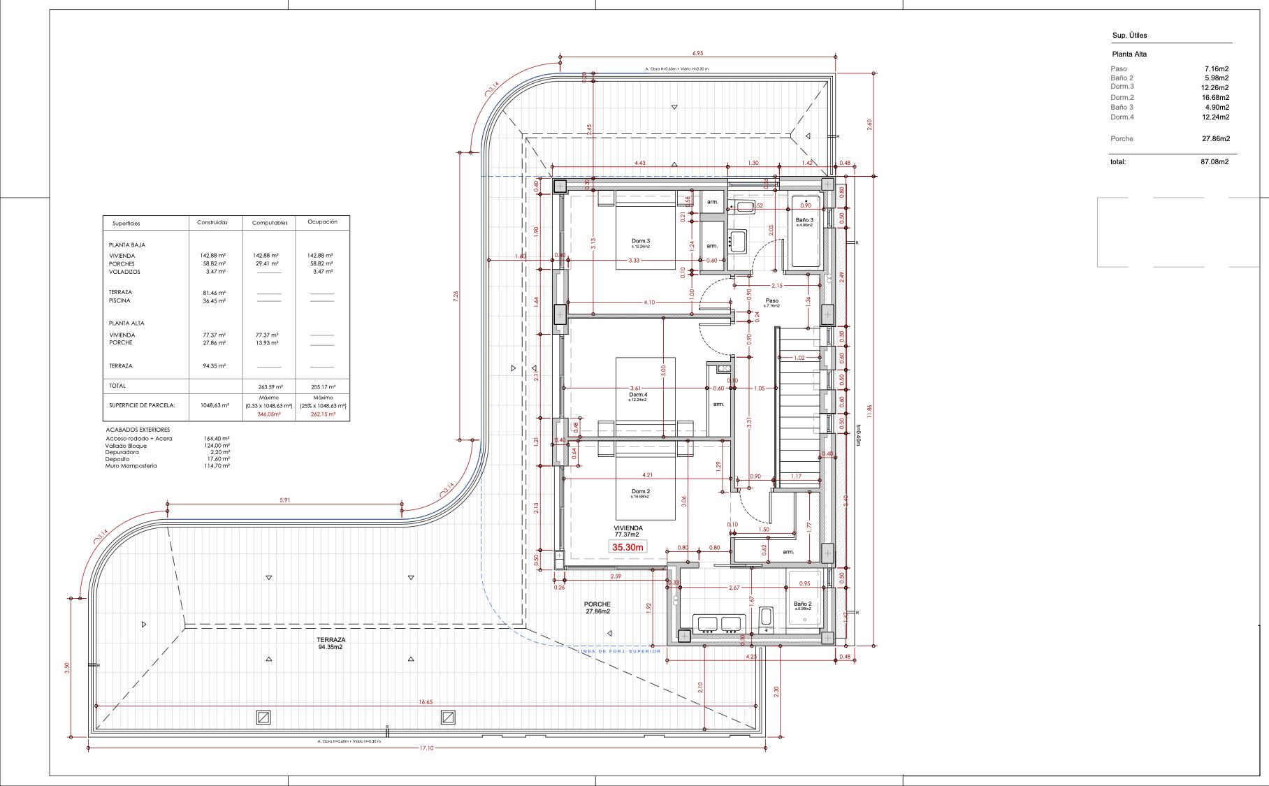Detaillierter Architekturgrundriss des Obergeschosses, der die Anordnung von Schlafzimmern und Badezimmern zeigt.