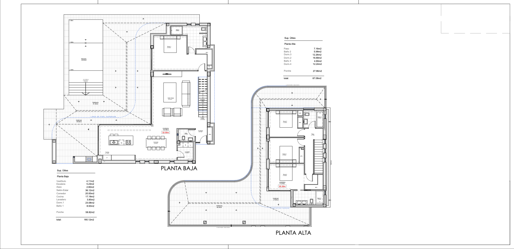 Detaillierter Architekturgrundriss einer zweistöckigen Villa mit Pool und Garten, der die interne und externe Aufteilung zeigt.