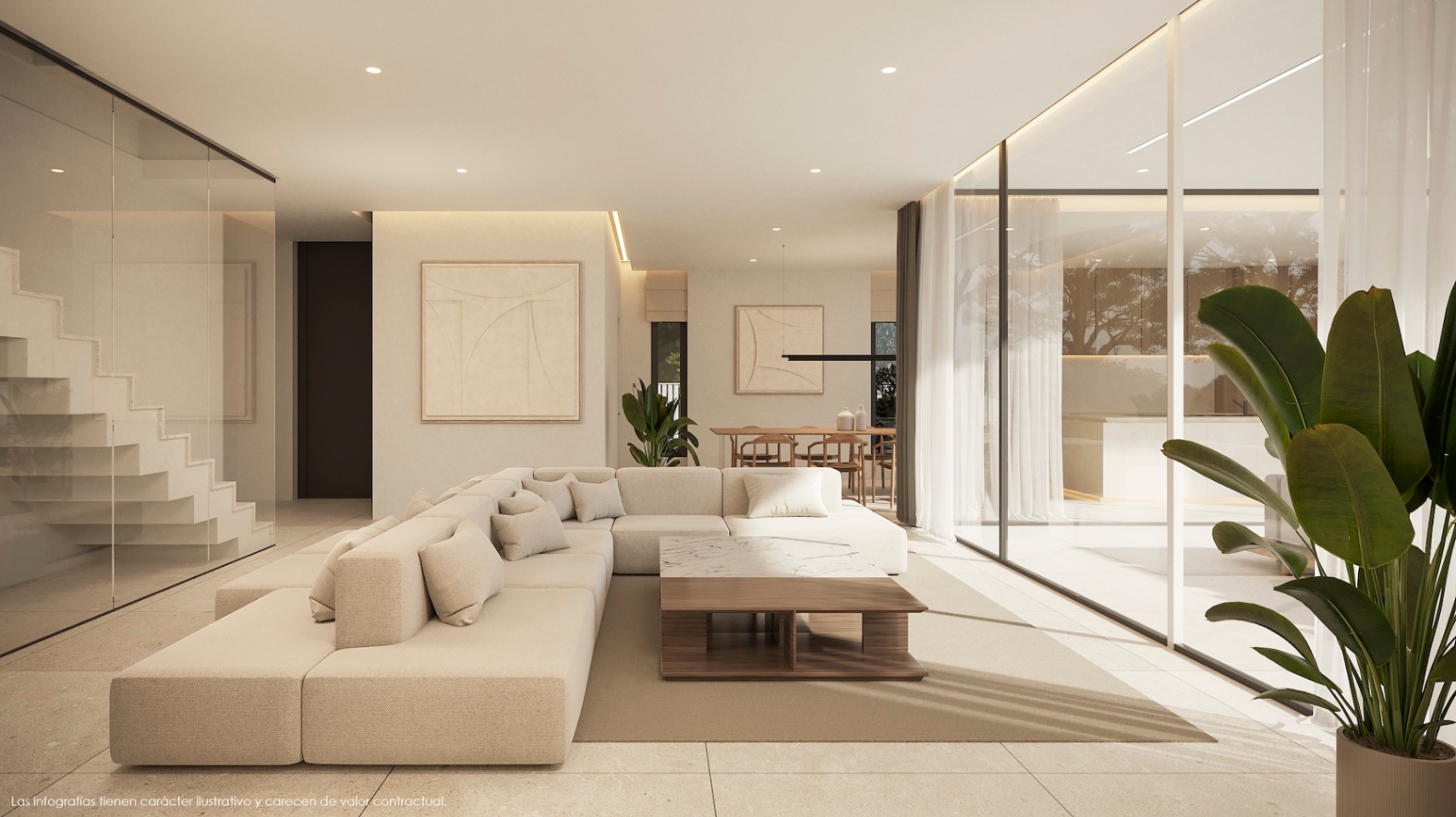 Helles Wohnzimmer mit beigem modularem Sofa, Holztisch und Zugang zu einer verglasten Treppe.