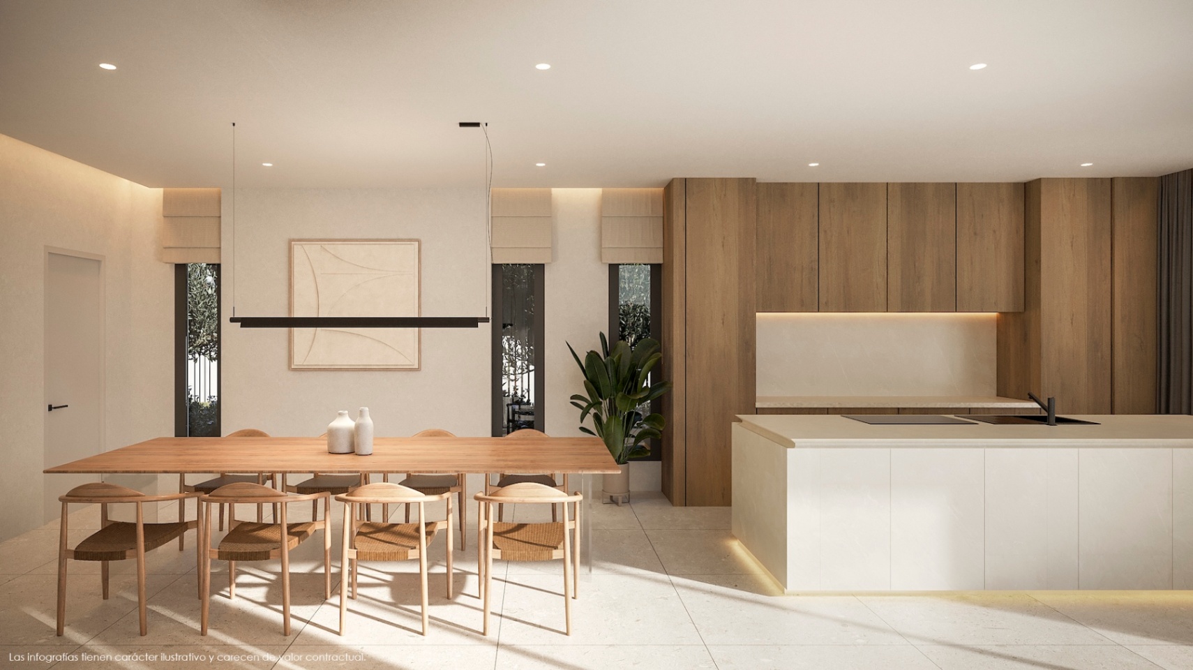 Moderner Essbereich mit hellem Holztisch und Designerstühlen, angrenzend an eine Küche mit weißer Insel und Holzschränken.