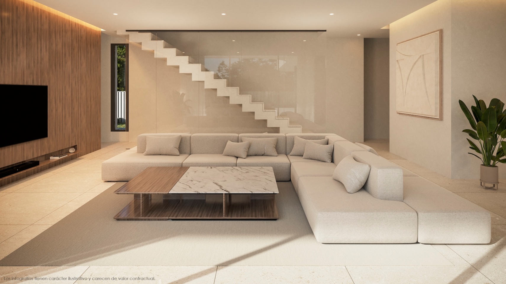 Modernes Wohnzimmer mit beigem Modulsofa, Marmor-Couchtisch und freitragender Treppe.