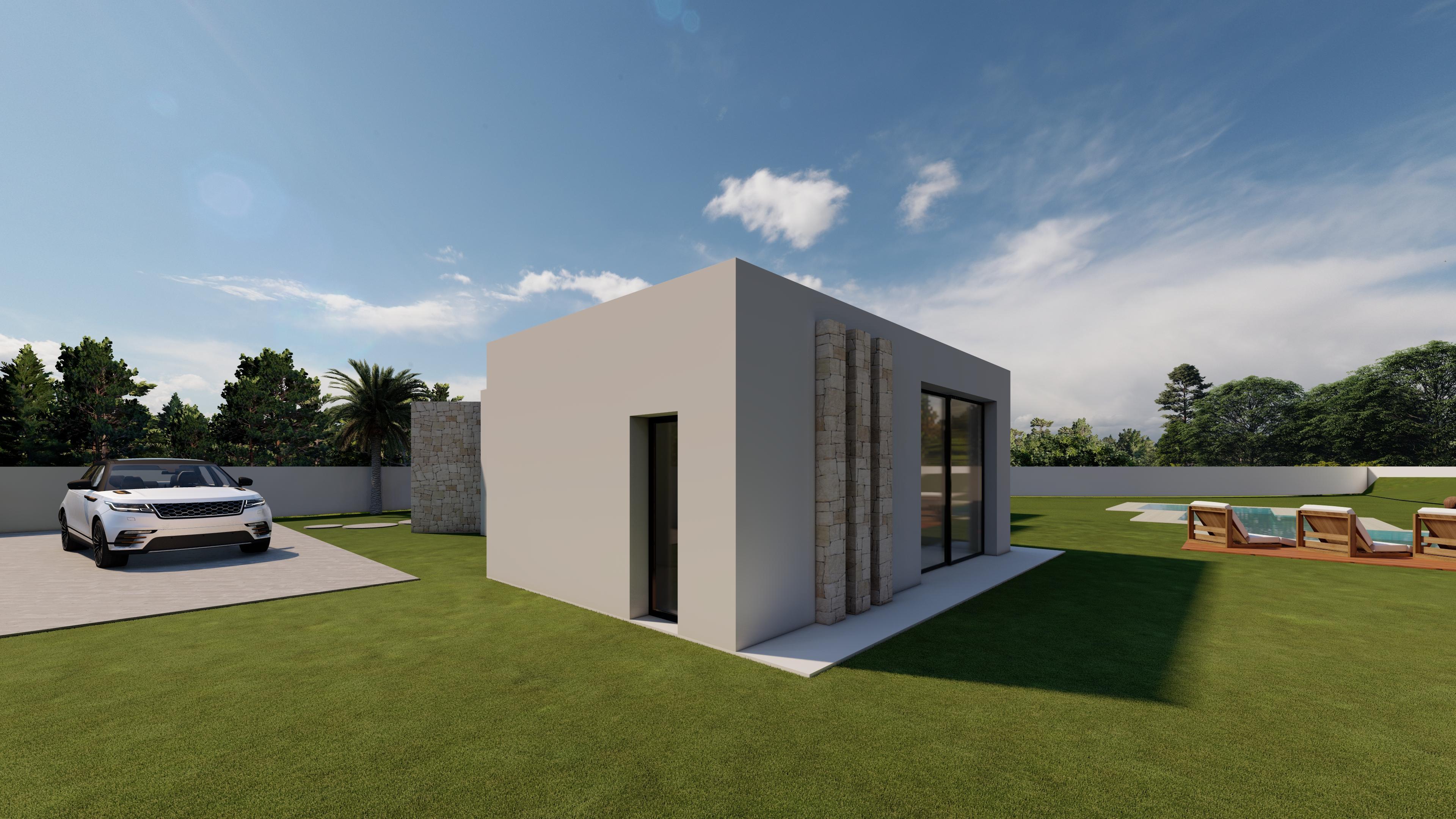 Außenansicht einer modernen Villa mit weißer Fassade, Natursteinakzenten, gepflegtem Rasen und Poolbereich mit Holzdeck und Sonnenliegen.