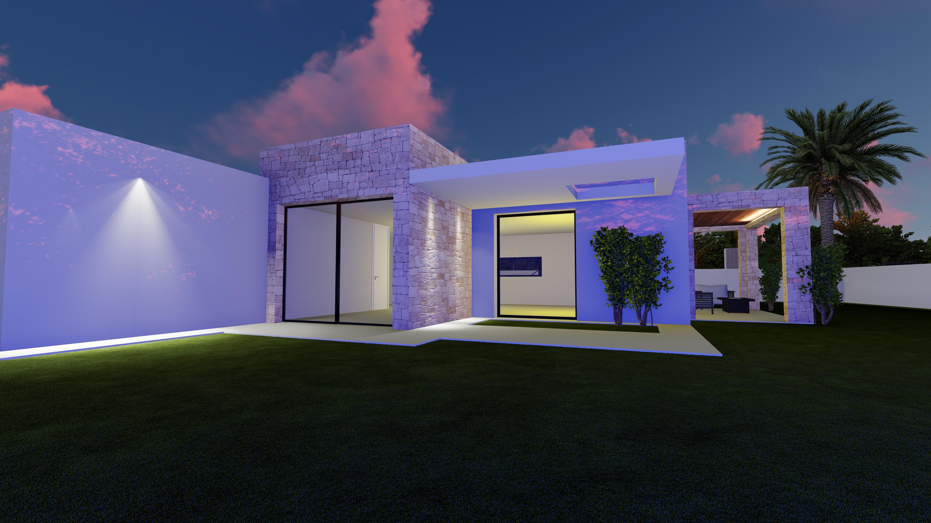 Moderne Außenansicht mit Natursteinwänden, bodentiefen Glasfronten und integrierter Architekturbeleuchtung über einer gepflegten Rasenfläche in der Abenddämmerung.